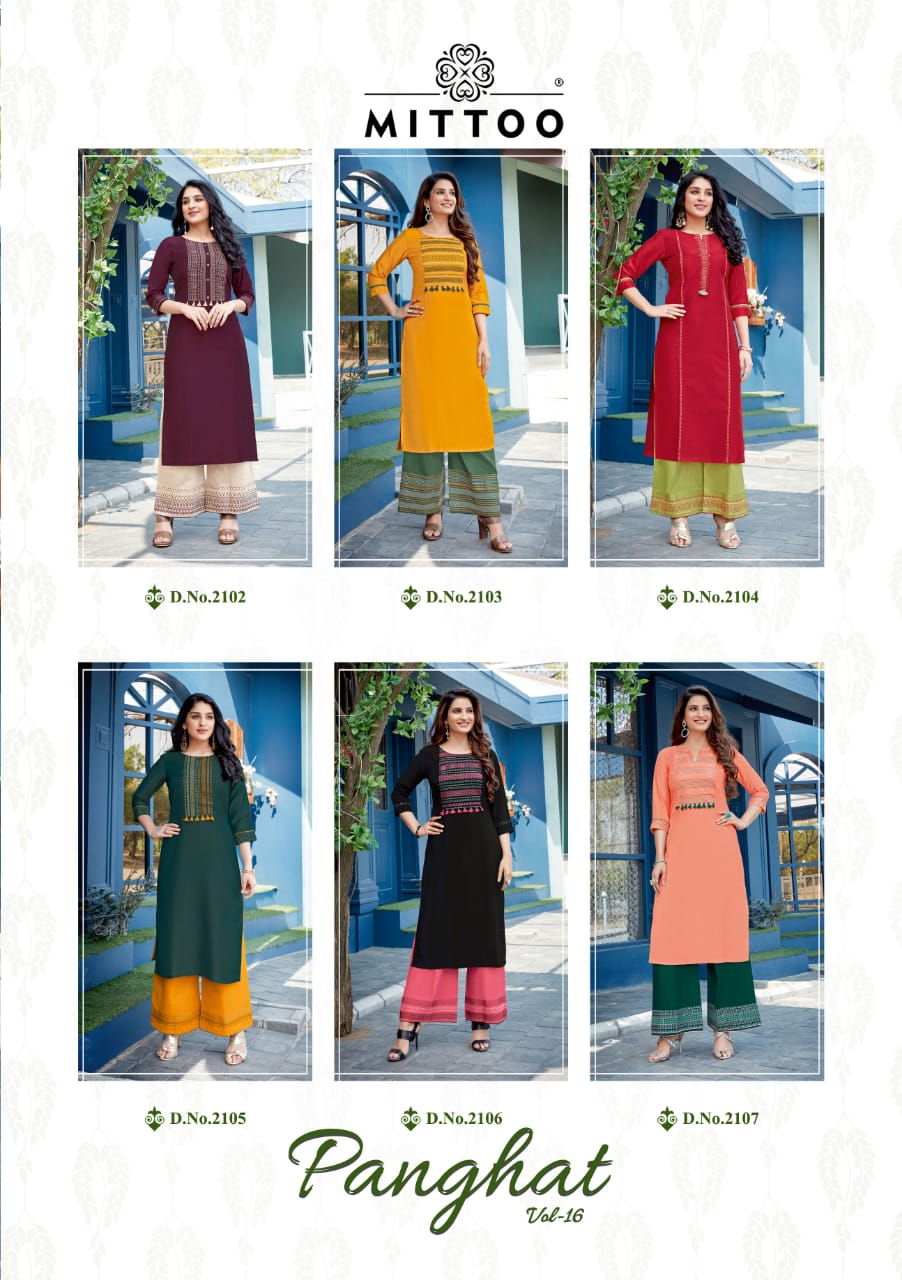 Mittoo Panghat 16 Long Latest fancy Designer Casual Wear Long Rayon Kurtis With Bottom Collection
